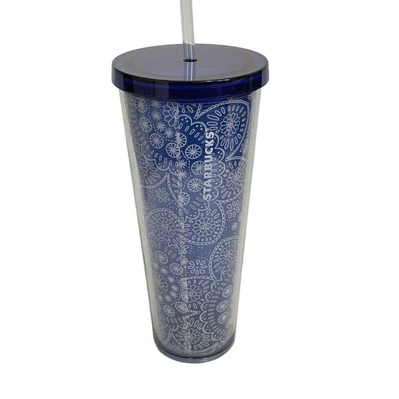 Starbucks 2019 Blue & White Floral Succulent Paisley Cold Cup Venti Tumbler - Picture 1 of 6